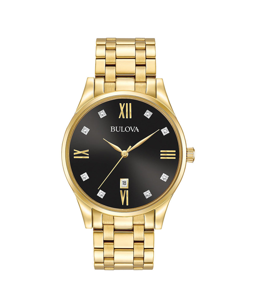 Gold watch with black dial featuring Roman numerals on a white background