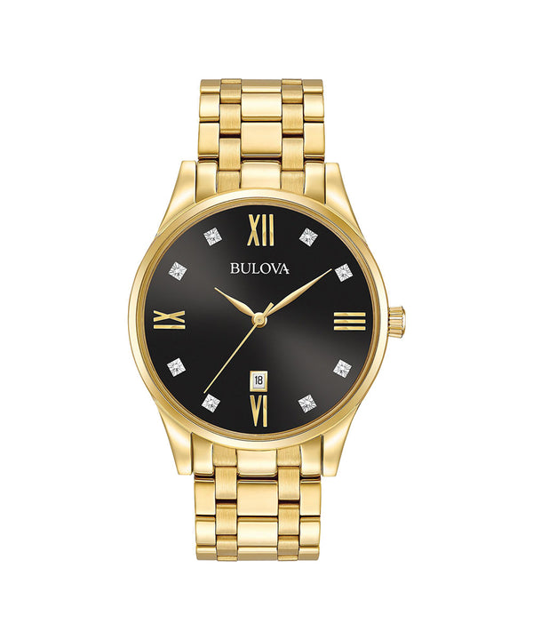Gold watch with black dial featuring Roman numerals on a white background