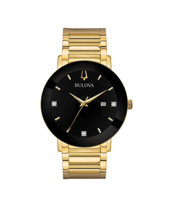 Gold watch with black face on a white background