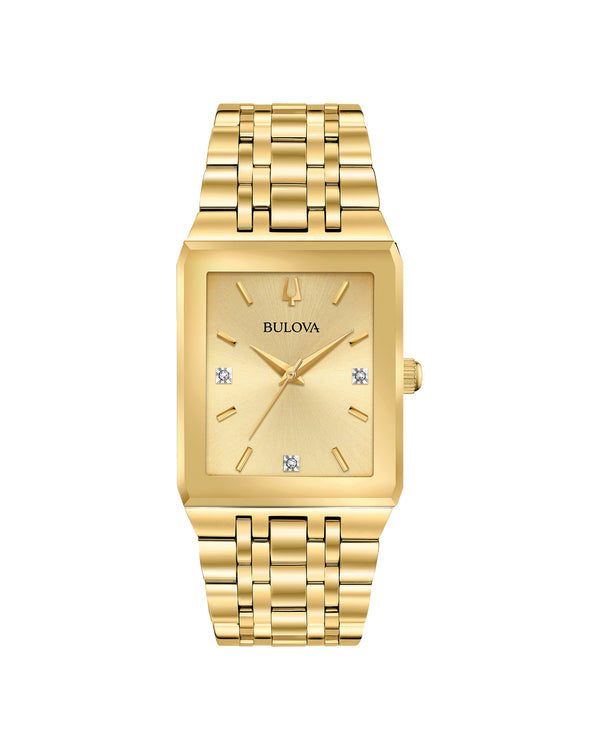 Gold Bulova watch on a white background