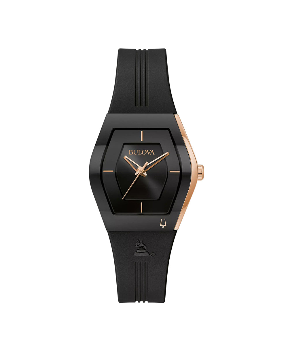 Black and rose gold Bulova watch on a white background