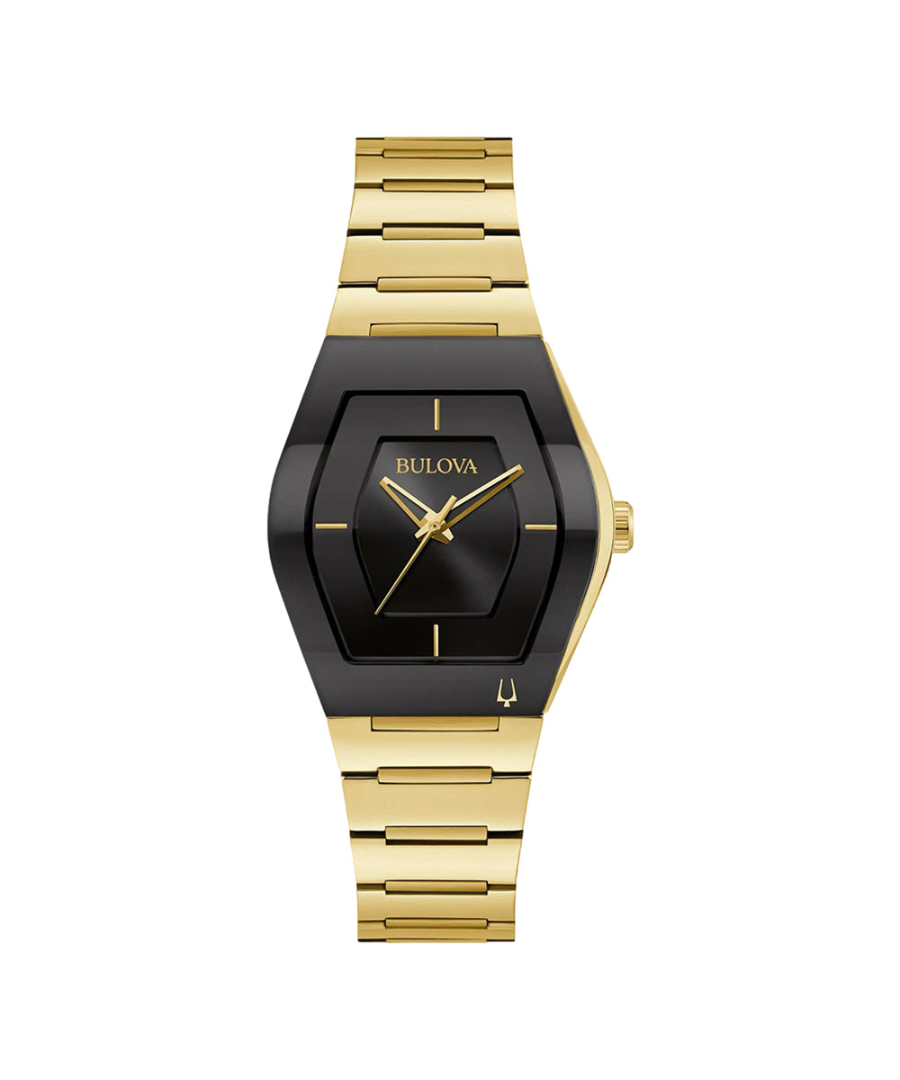 Gold and black Bulova watch on a white background