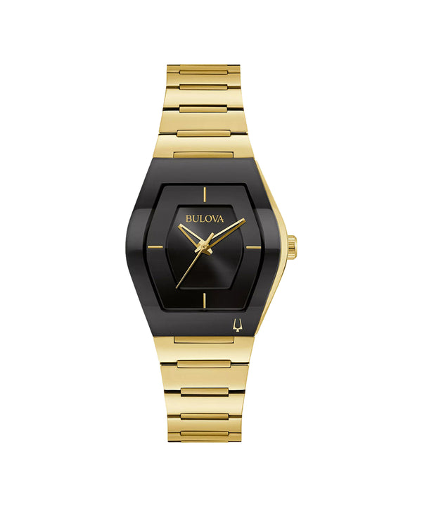 Gold and black Bulova watch on a white background