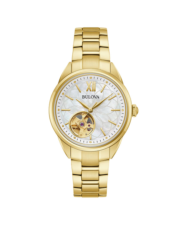 Gold wristwatch with a visible brand logo on a white background