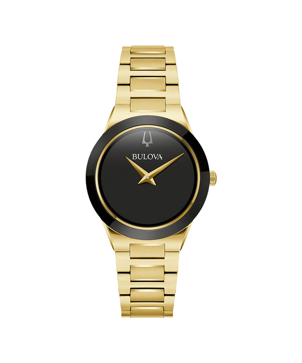 Gold watch with black face on a white background