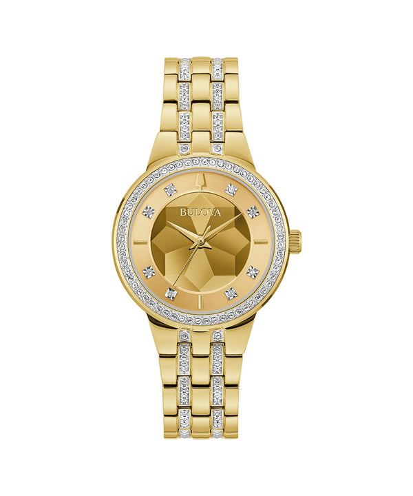Gold watch with diamond accents on a white background