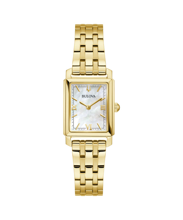 Gold watch with a white face on a white background