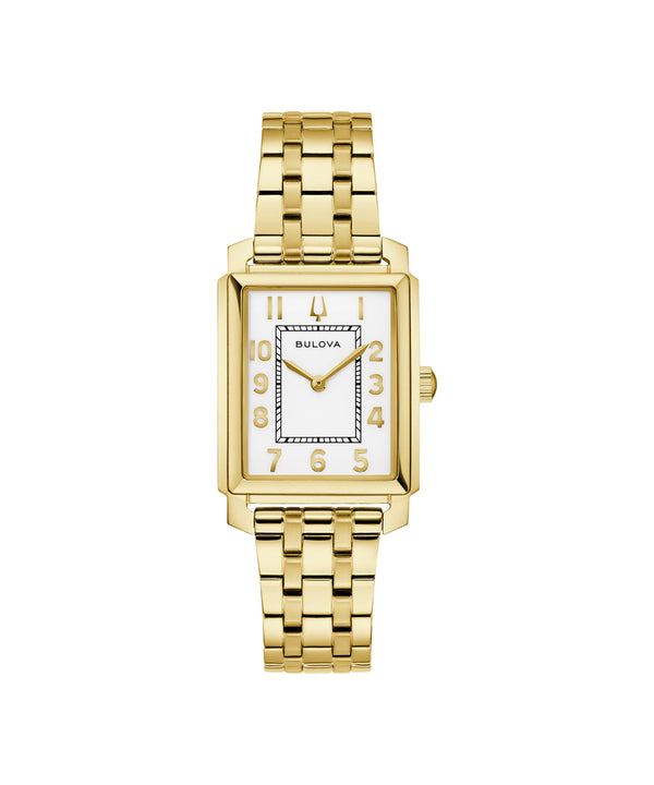Gold watch with a white face on a white background