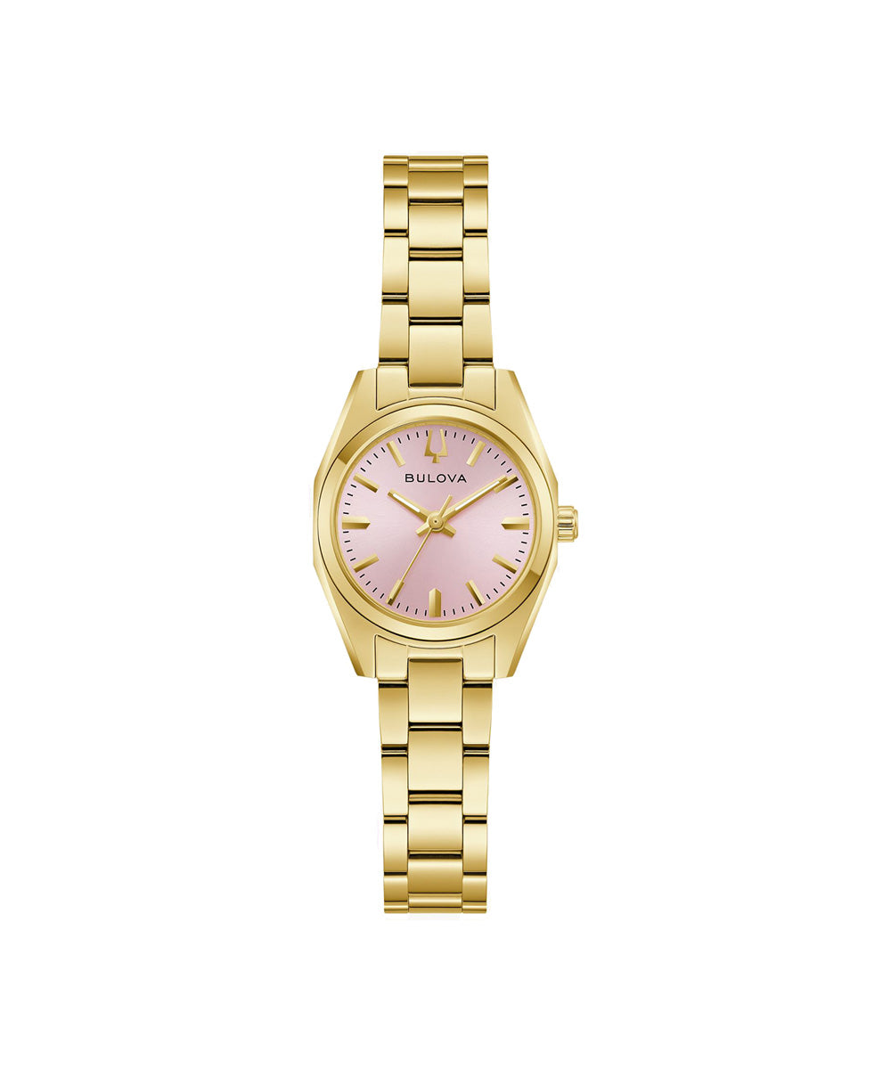 Gold watch with a pink face on a white background