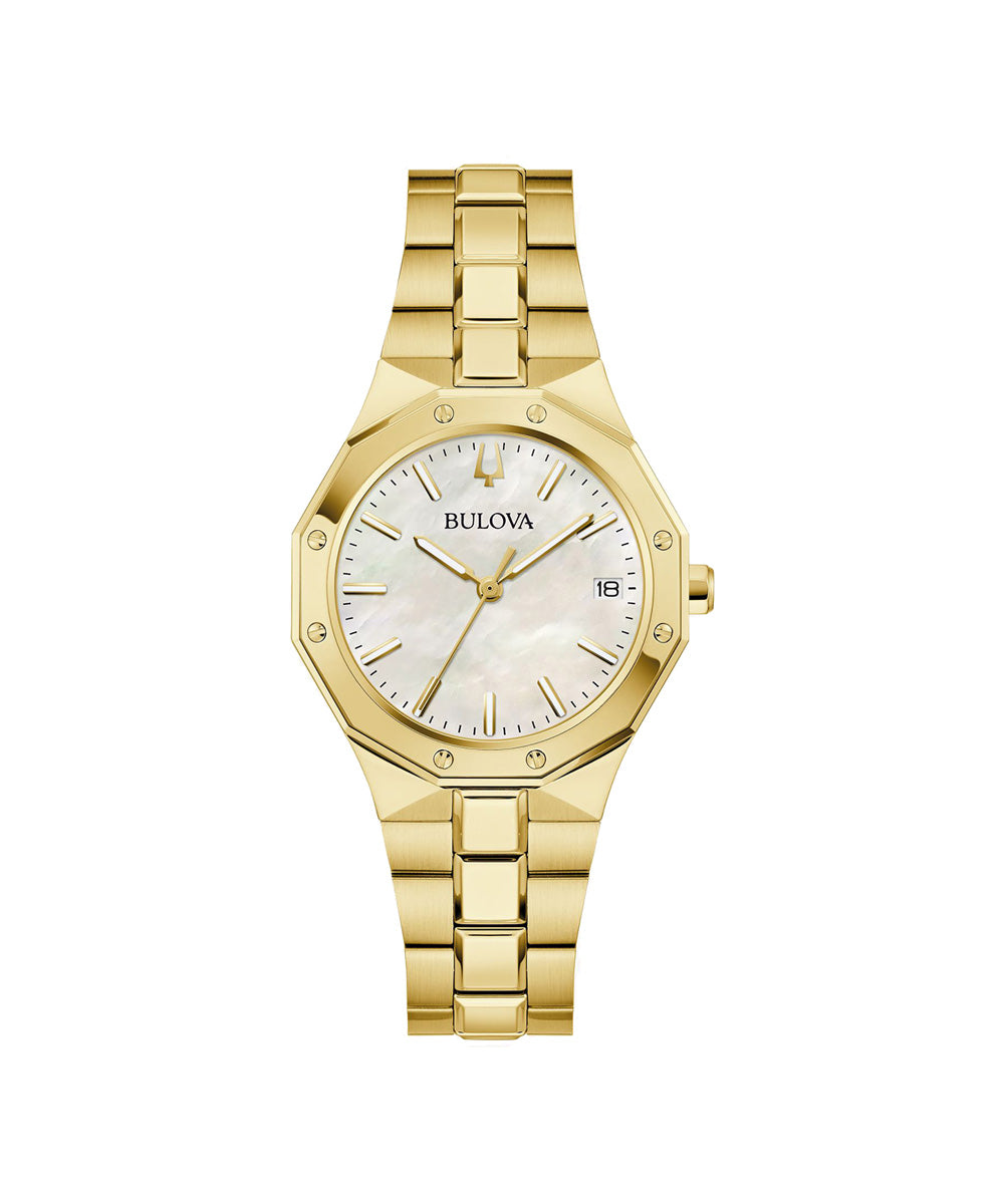 Gold watch with a white face on a white background, featuring the Bulova brand.
