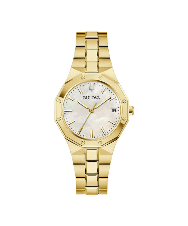 Gold watch with a white face on a white background, featuring the Bulova brand.