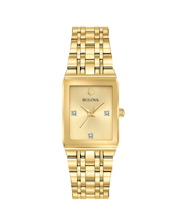 Gold Bulova watch on a white background