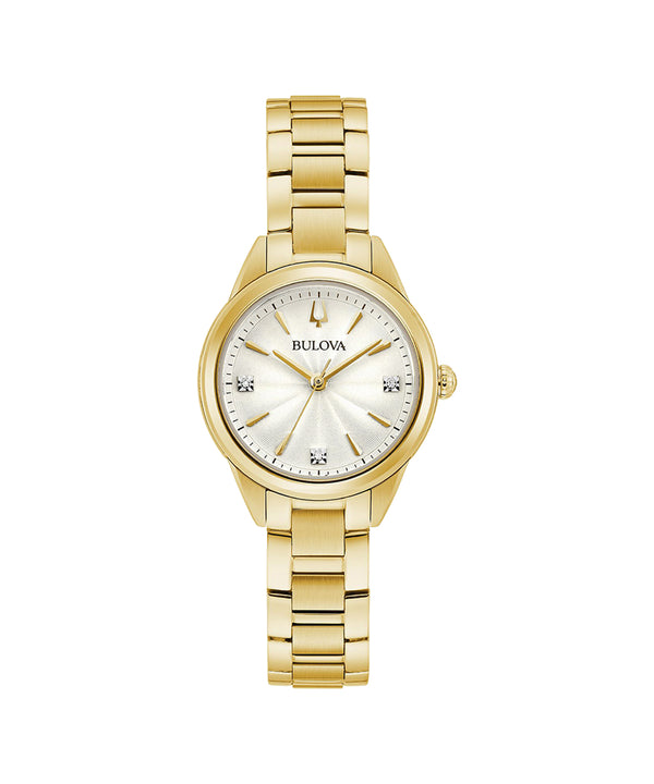 Gold watch with white face on a white background, featuring the Bulova brand.