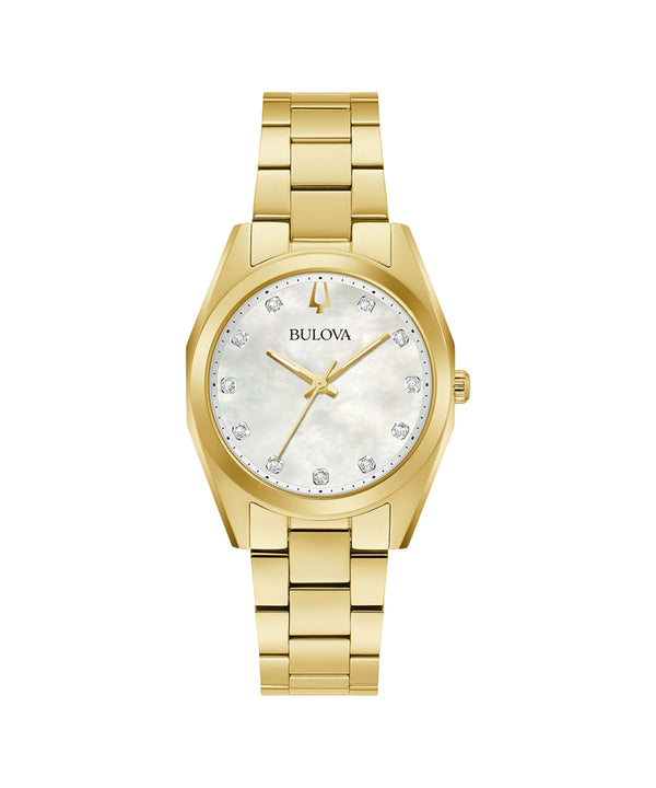 Gold Bulova watch with a silver face on a white background