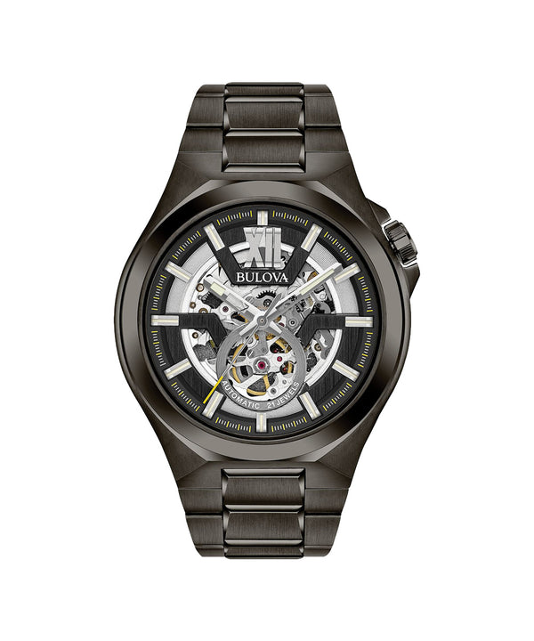 Bulova watch with black metal strap and transparent face on a white background