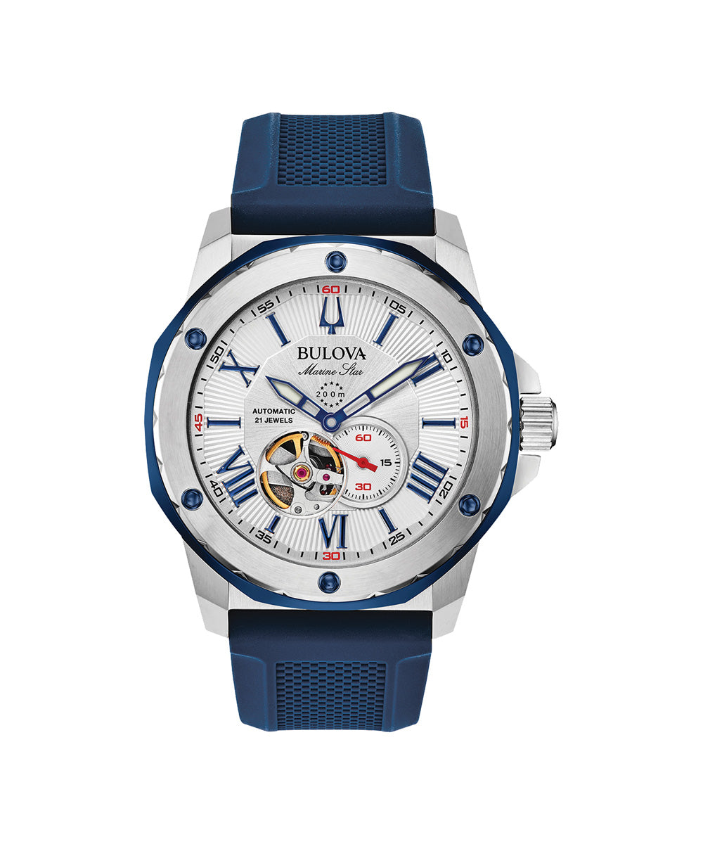 Bulova watch with blue strap and white face on a white background