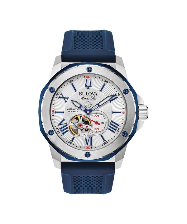 Bulova watch with blue strap and white face on a white background