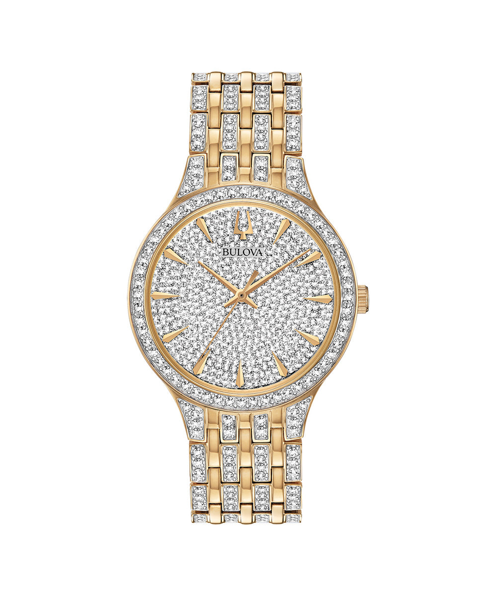 Gold and silver watch with diamond-studded face on a white background