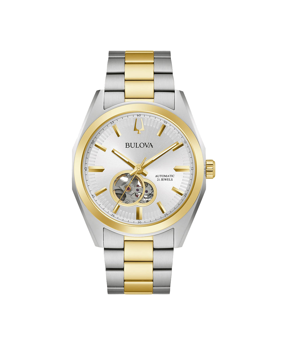 Bulova watch with two-tone metal strap on a white background