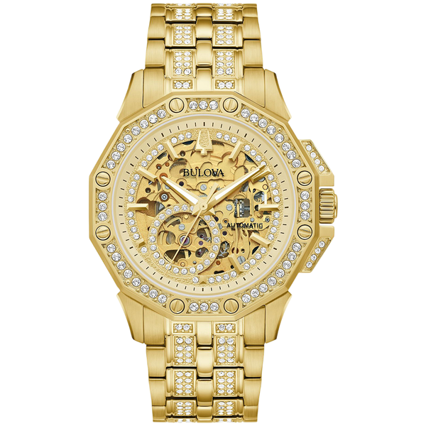 Gold Bulova watch with diamond-studded face and band on a white background