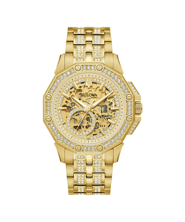 Gold wristwatch with diamond-studded bezel on a white background