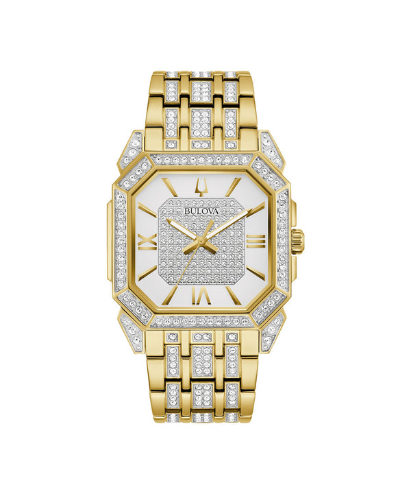 Gold wristwatch with diamond accents on a white background