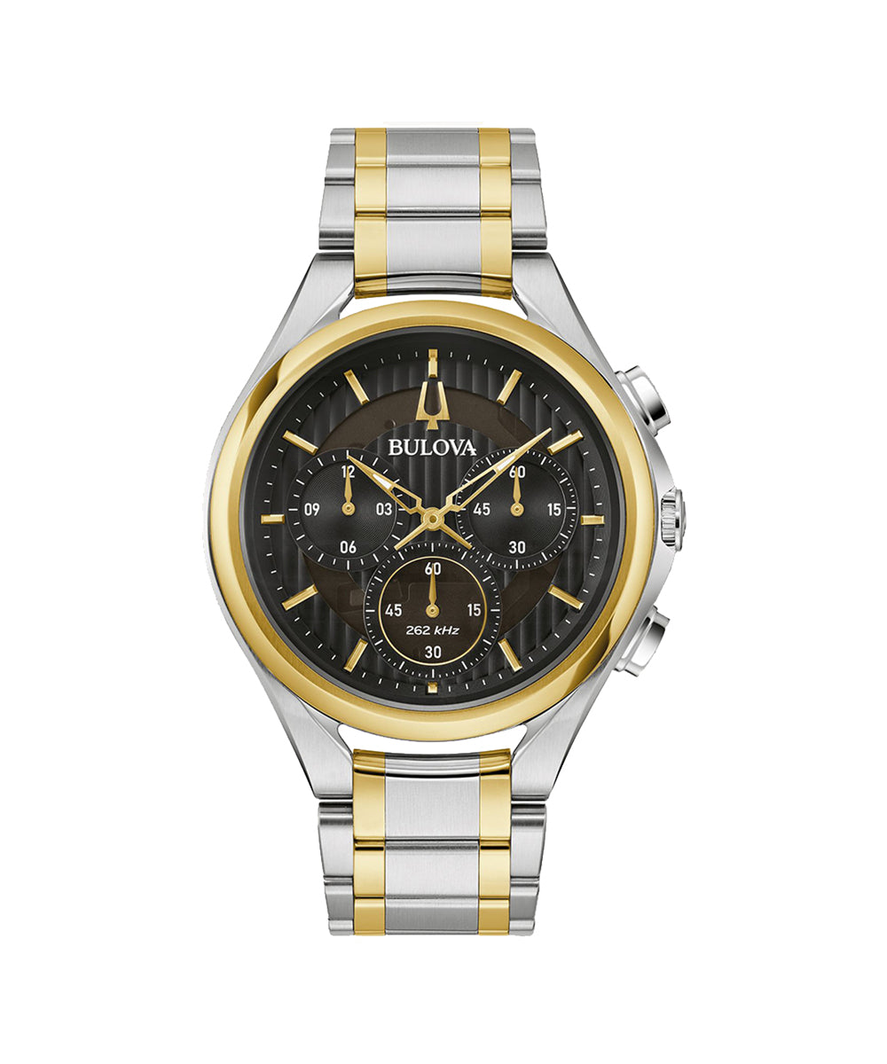 Bulova watch with two-tone metal strap on a white background