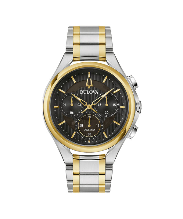 Bulova watch with two-tone metal strap on a white background