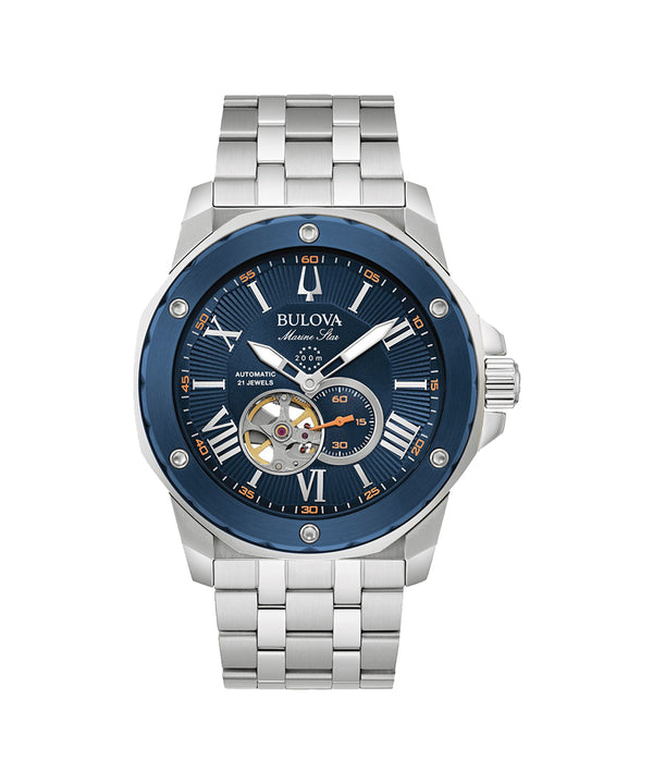 Bulova watch with blue face and silver bracelet on a white background
