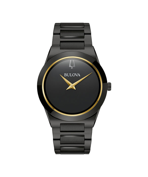 Black Bulova watch with gold accents on a white background