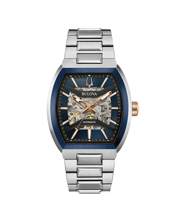 Bulova watch with silver and blue design on a white background
