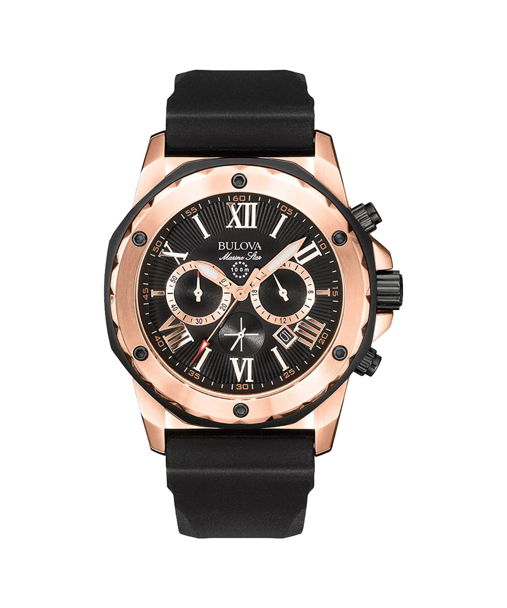 Bulova watch with black strap and rose gold case on white background