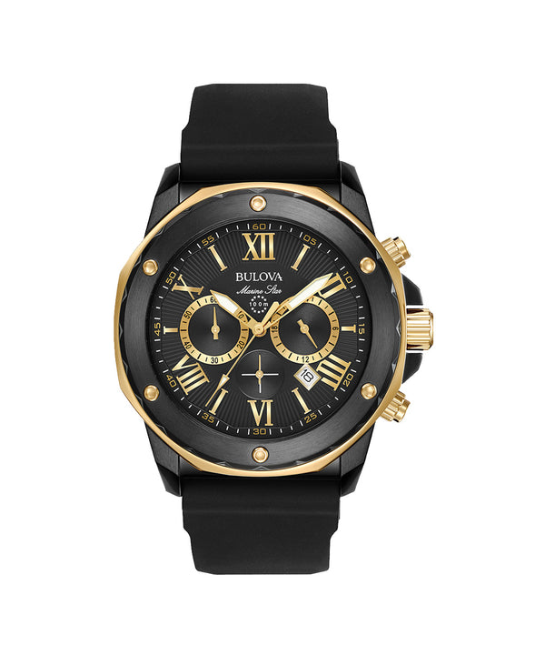 Black and gold Bulova watch on a white background