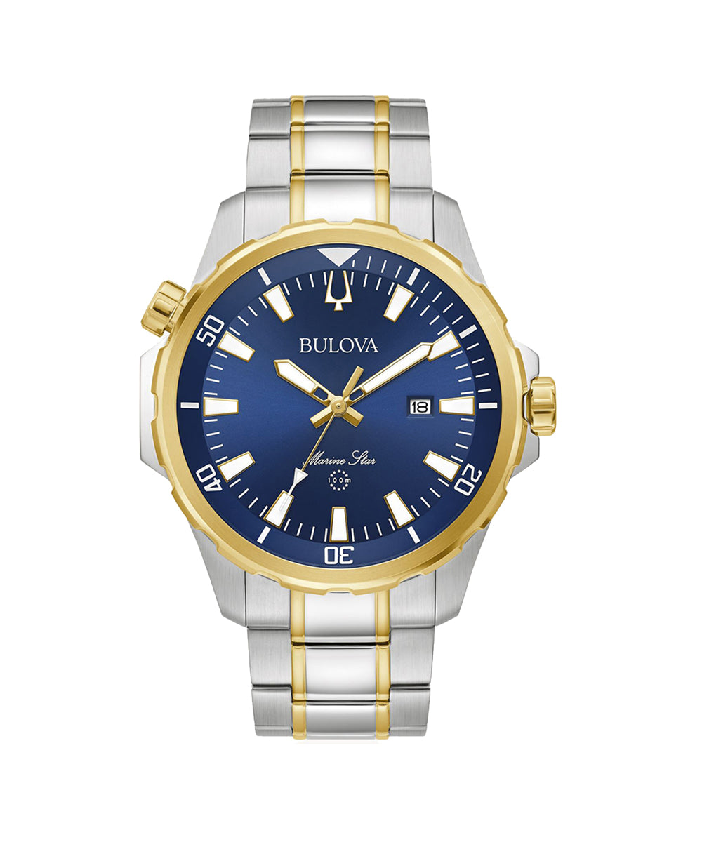 Bulova watch with two-tone silver and gold band on a white background
