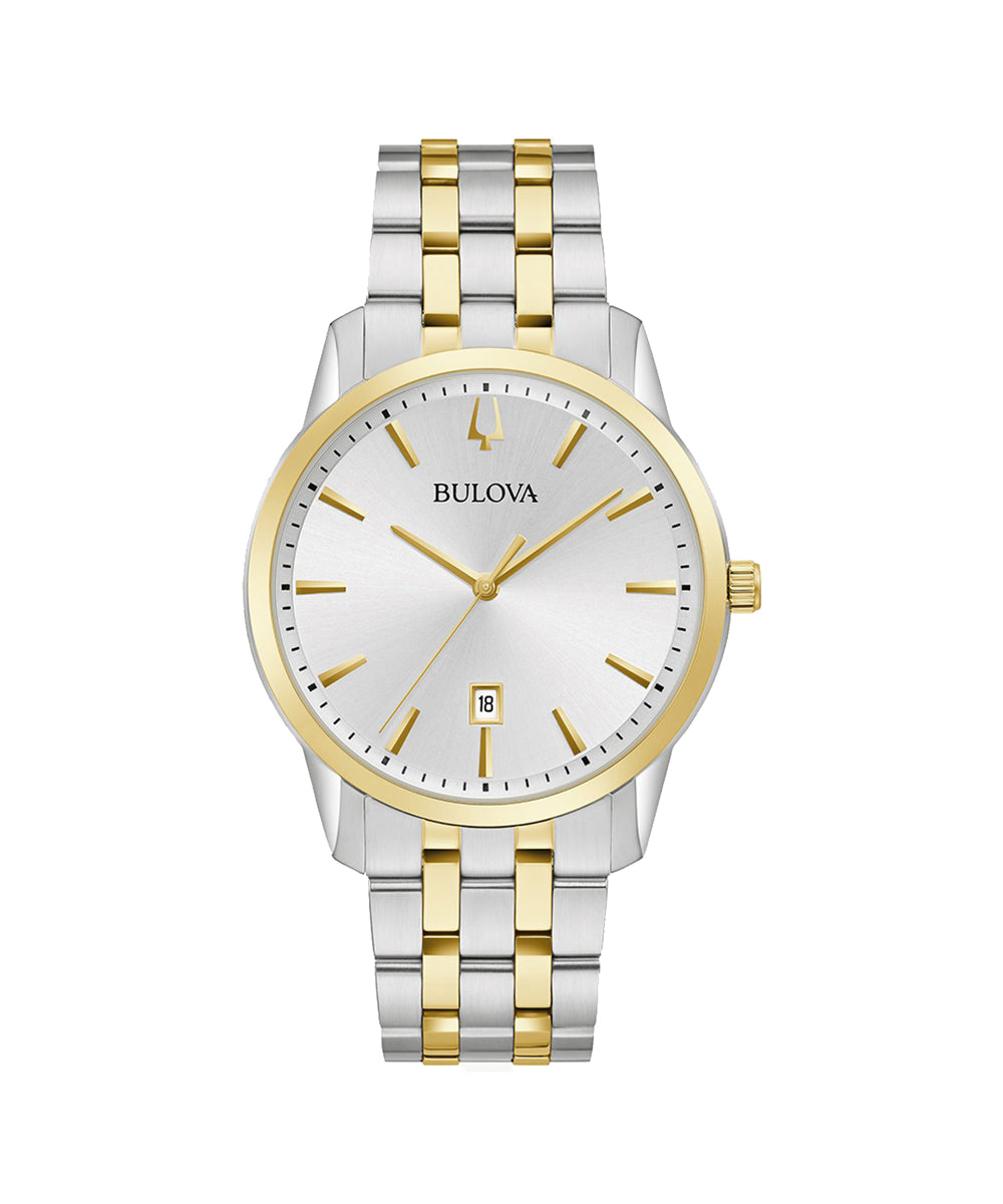 Bulova watch with two-tone silver and gold bracelet on a white background