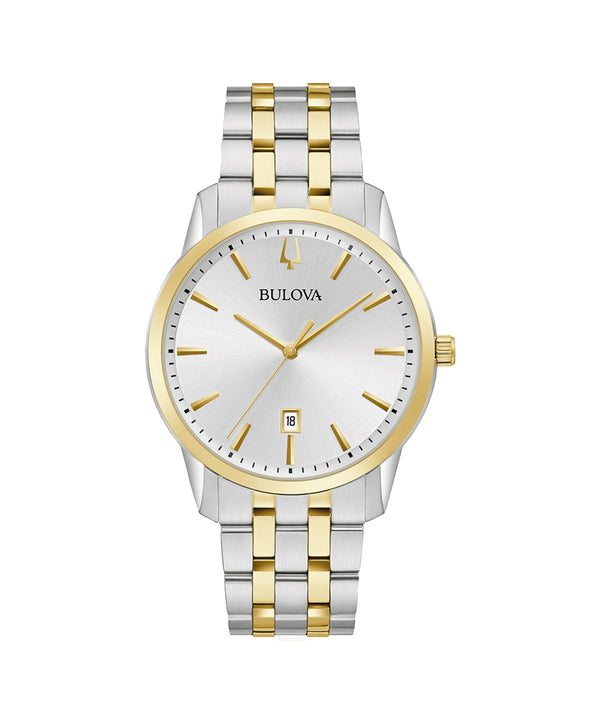 Bulova watch with two-tone silver and gold bracelet on a white background