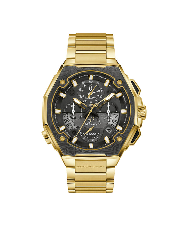 Gold and black watch with detailed face on a white background