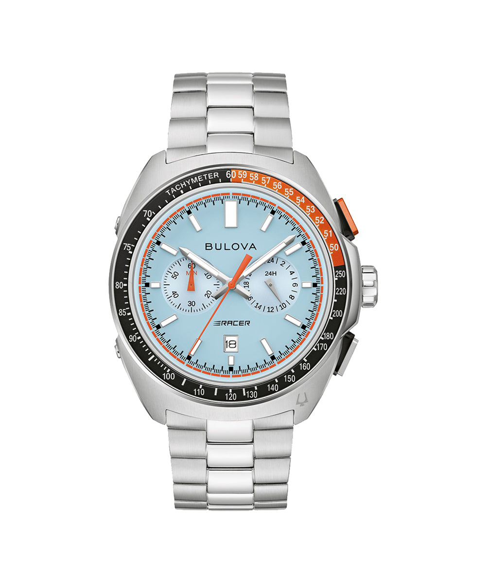 Bulova watch with silver bracelet and blue face on a white background