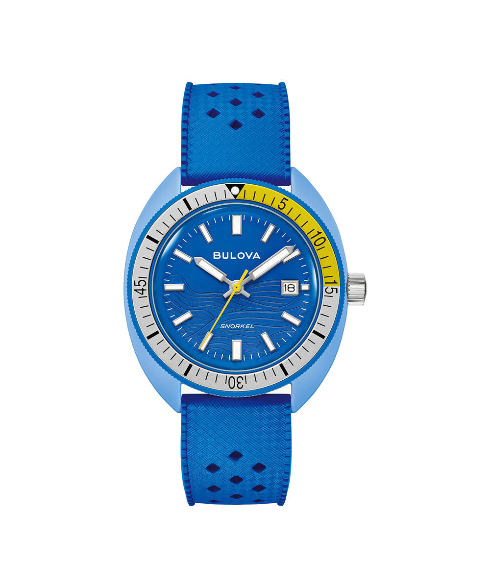 Blue Bulova watch with a white face on a white background