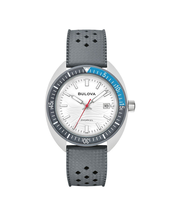 Bulova watch with gray strap and white face on a white background