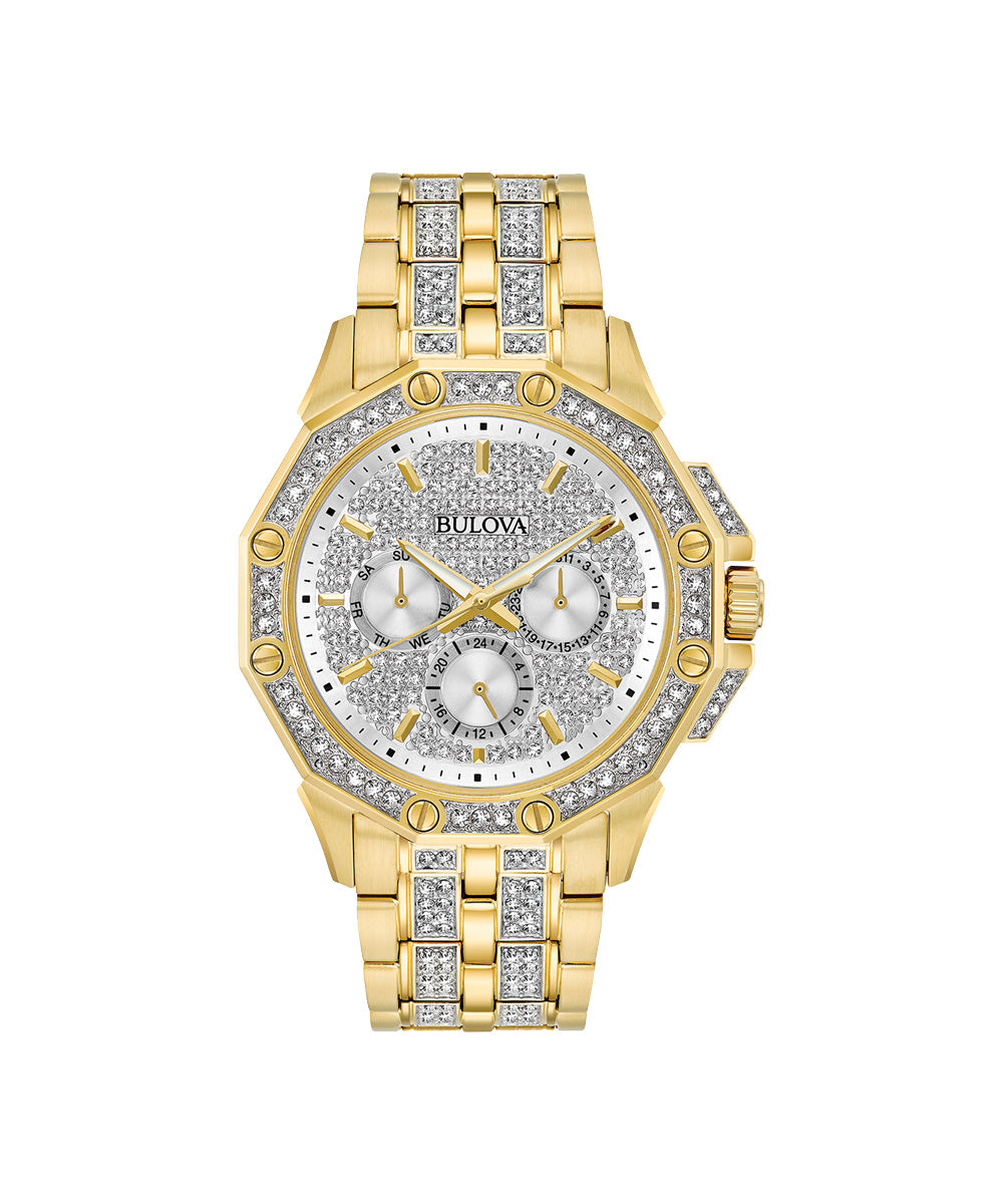 Gold watch with diamond accents on a white background, featuring the Bulova brand.