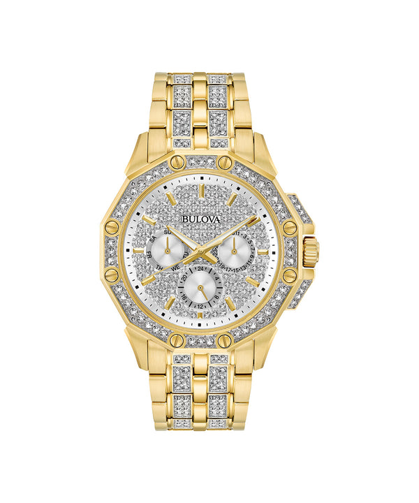 Gold watch with diamond accents on a white background, featuring the Bulova brand.