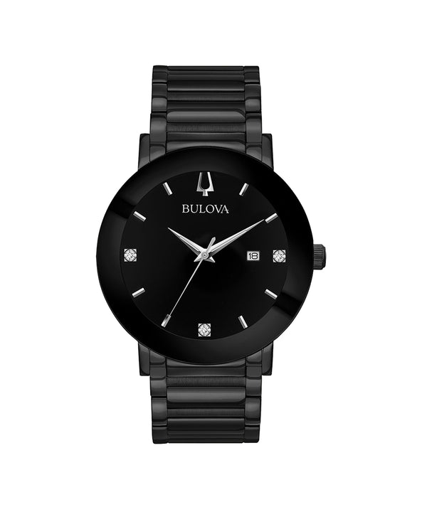 Black Bulova watch with diamond-studded face on a white background