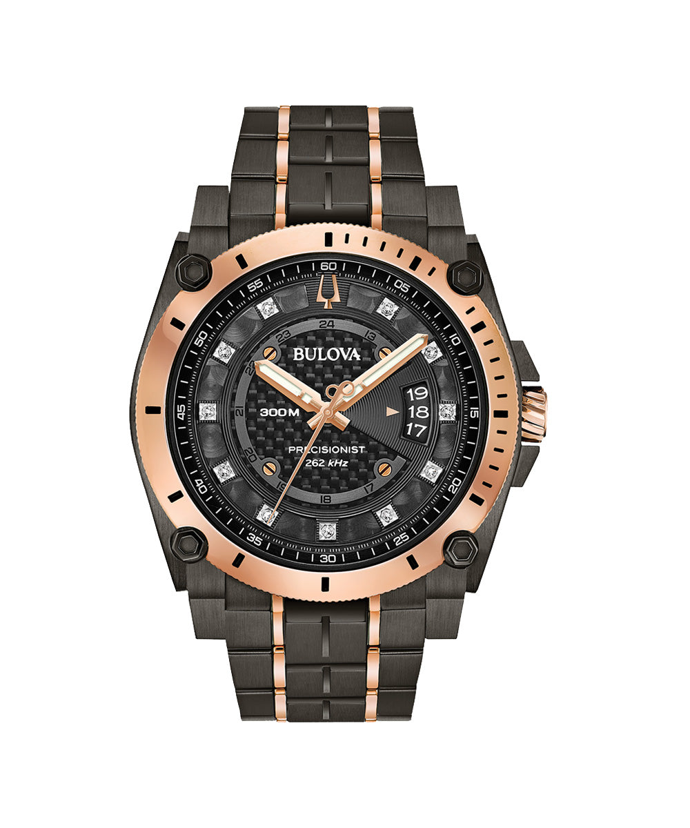 Bulova watch with black and rose gold design on a white background