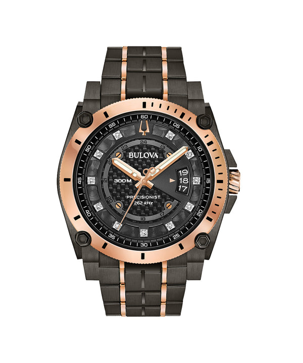 Bulova watch with black and rose gold design on a white background