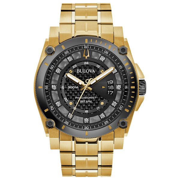 Gold wristwatch with black dial on a white background