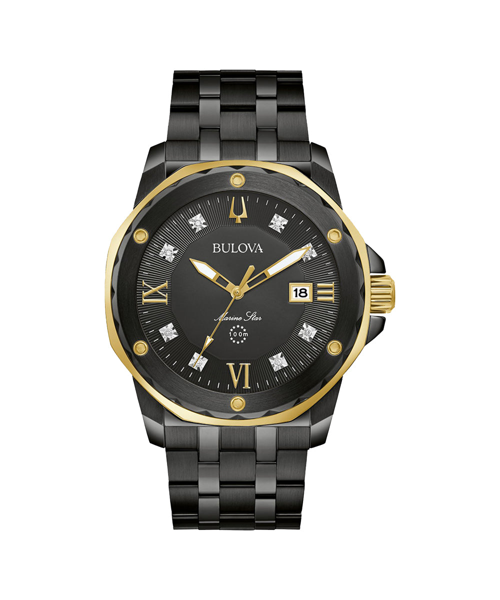 Bulova watch with black and gold design on a white background