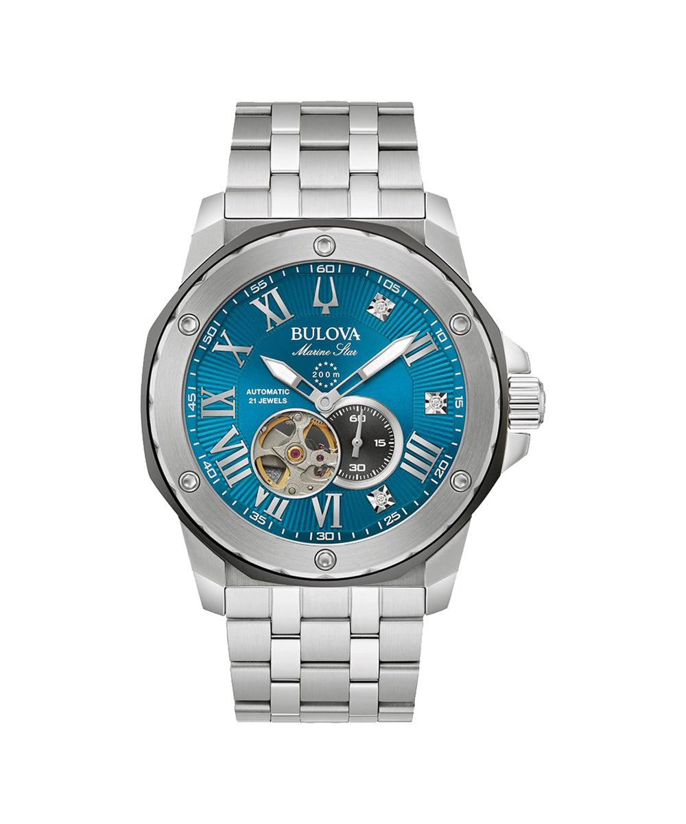 Bulova watch with blue face and silver metal strap on white background