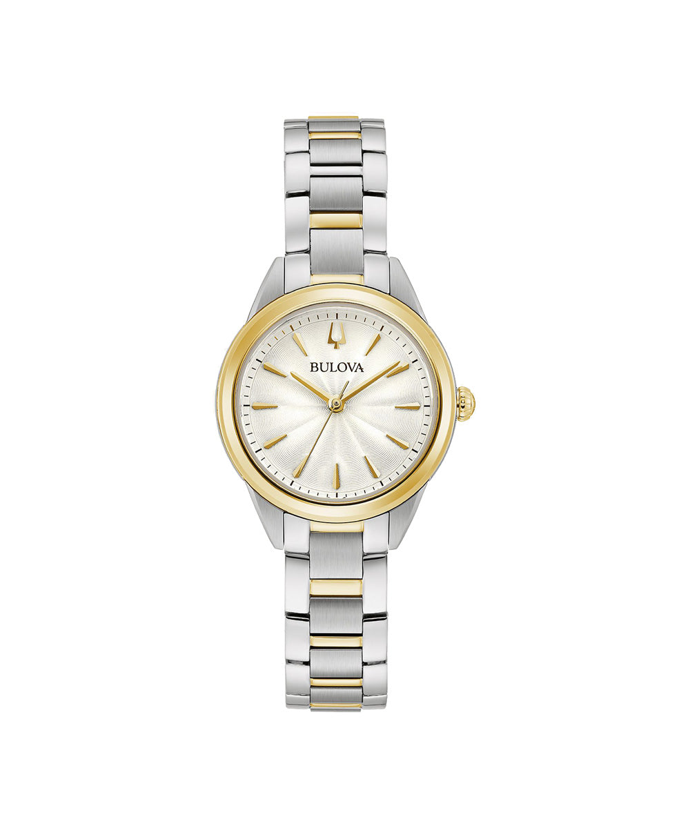 Bulova watch with two-tone metal strap on a white background
