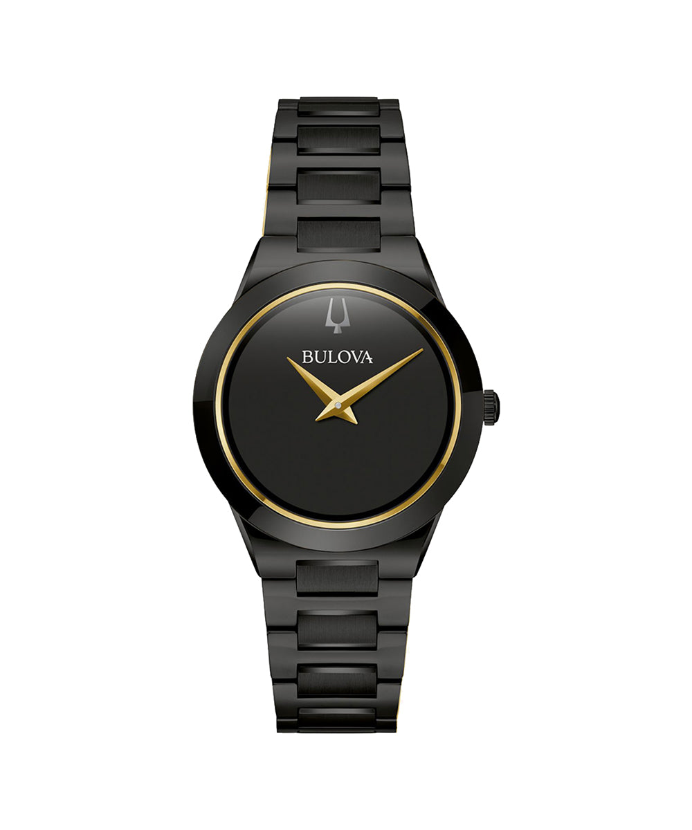 Black Bulova watch with gold accents on a white background